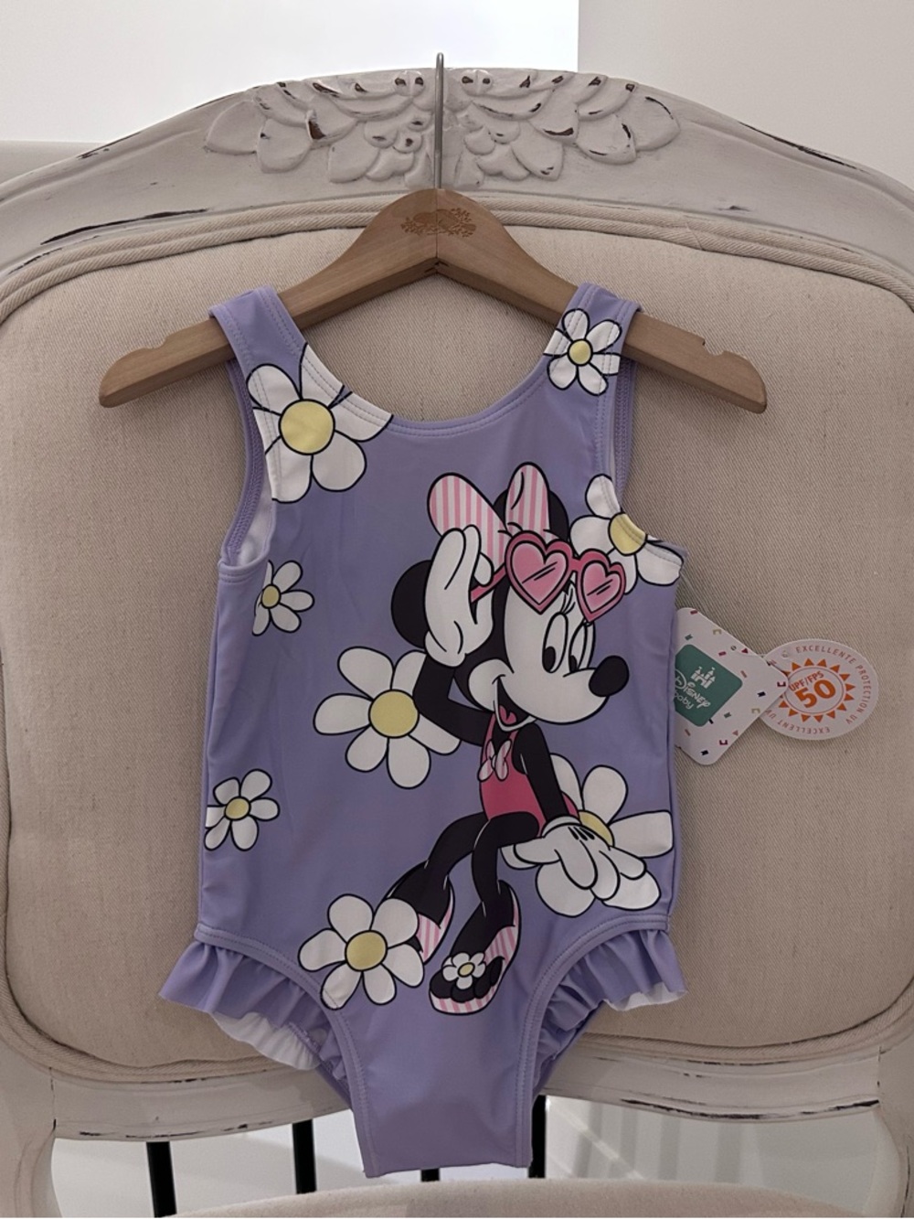 🤍 18~24 Mth Disney Minnie Mouse Lavender & Daisies One-Piece Ruffle Swimsuit NWT